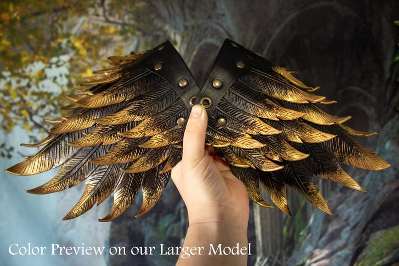 Small Leather Feather Pauldrons, LARP Armor Bird Raven Spaulder Shoulder Armor Black & Gold