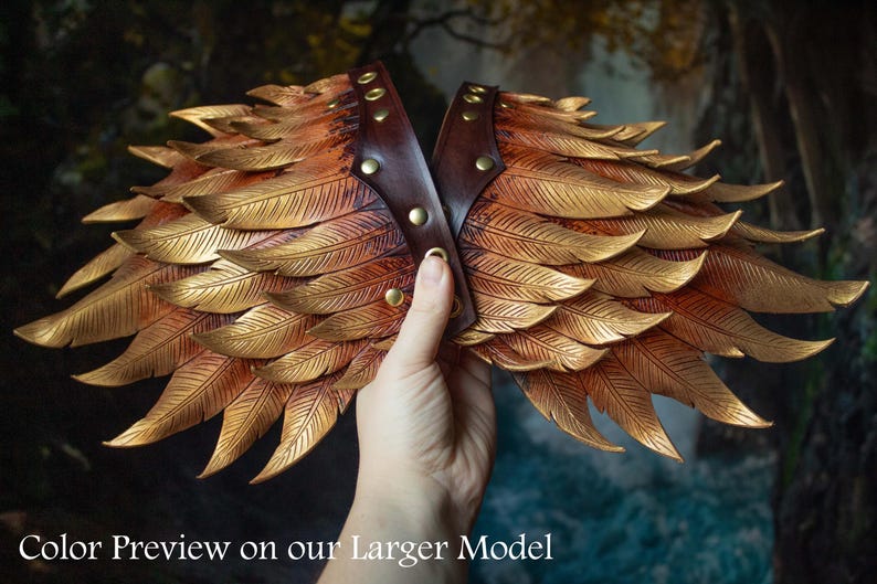 Small Leather Feather Pauldrons, LARP Armor Bird Raven Spaulder Shoulder Armor Gold