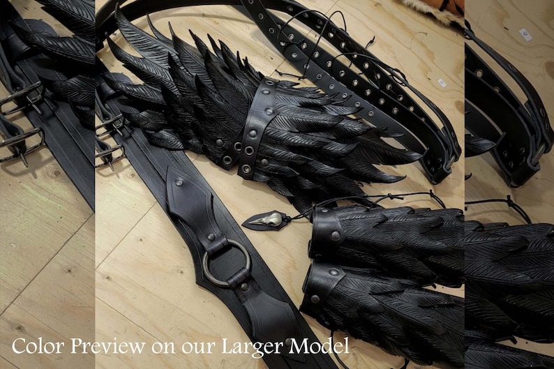 Small Leather Feather Pauldrons, LARP Armor Bird Raven Spaulder Shoulder Armor Full Black