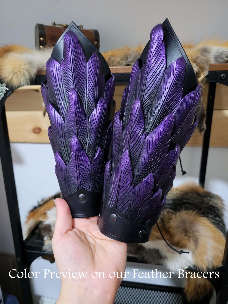 Small Leather Feather Pauldrons, LARP Armor Bird Raven Spaulder Shoulder Armor Purple