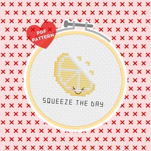 Squeeze the Day Lemon Cross Stitch Pattern PDF | modern cross stitch, kawaii cross stitch, easy hand embroidery, beginner needlepoint