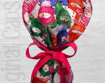 Colorful Snowmen  Design Ponytail Scrub Cap for Women, Scrub Hat, Surgical Hat "Merry 6"