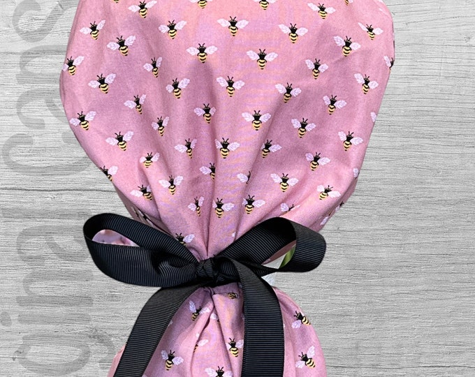 Bees on Mauve Design Ponytail Scrub Cap for Women, Scrub Hat, Surgical Caps, Scrub Caps