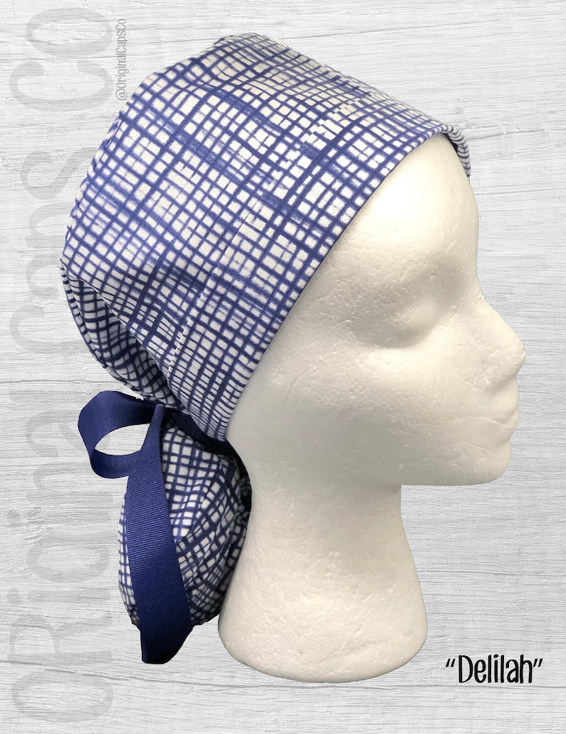 Surgical Hat Delilah Light Navy Check Print Ponytail Scrub Cap for Women Scrub Hat