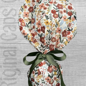 Earth Tone Floral Print Ponytail Scrub Cap for Women, Scrub Hat, Surgical Hat