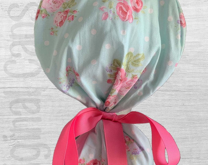 Rose Bouquet and Dots on Light Blue Design Scrub Cap, Surgical Cap, Scrub Cap for Women "Ruby", Surgical Caps