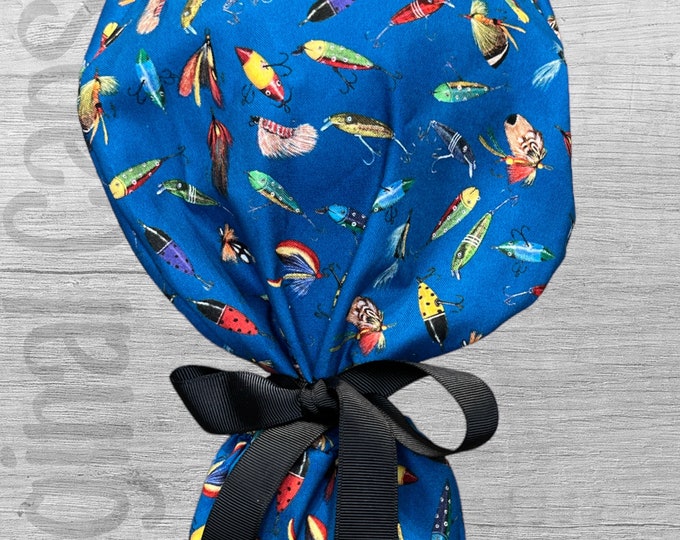 Fishing Lures  Design Ponytail Scrub Cap for Women, Scrub Hat, Surgical Caps, Scrub Caps