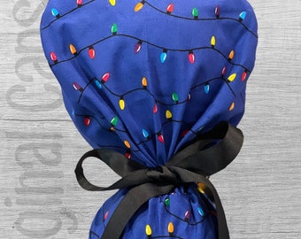 Christmas Lights on Blue Print Ponytail Scrub Cap for Women, Scrub Hat, Surgical Hat, Surgical Caps, Hanukah