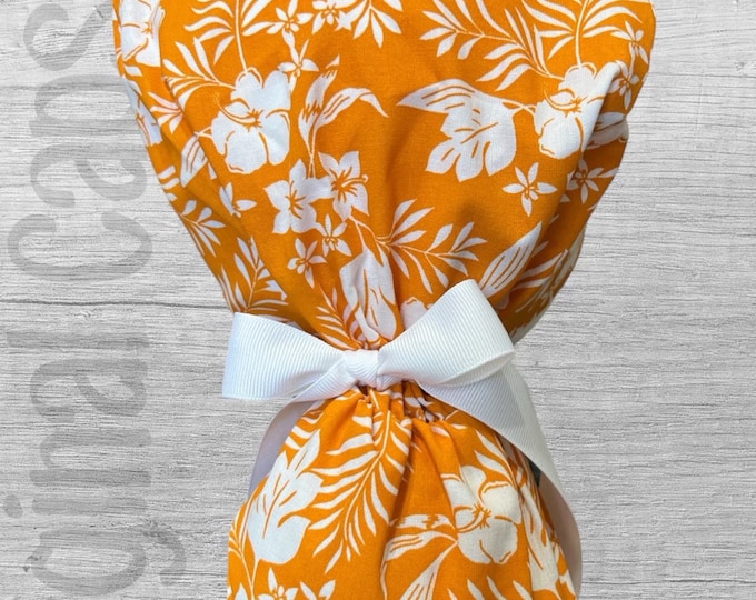 Hawaiian Floral on Orange Print Ponytail Scrub Cap for Women, Scrub Hat, Surgical Hat