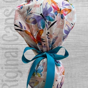 Colorful Abstract Butterflies on Pink Floral Design Scrub Cap, Surgical Cap, Scrub Cap for Women , Surgical Caps