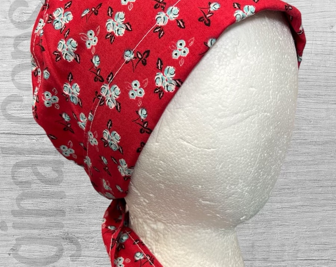 Small Floral on Red Pixie Scrub Cap, Surgical Cap, Scrub Hat, Scrub Cap for Women, Scrub Cap