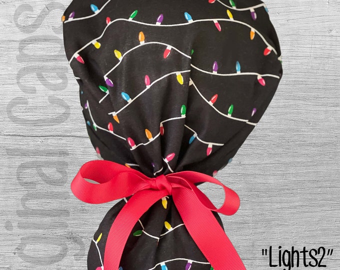 Christmas Lights on Black Print Ponytail Scrub Cap for Women, Scrub Hat, Surgical Hat, Surgical Caps