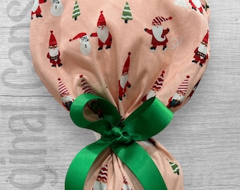 Santa Gnomes on Pink Ponytail Scrub Cap, Ponytail Scrub Hat, Surgical Caps, Scrub Hats, Surgical Hats