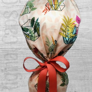 Boho Terrarium Print Design Ponytail Scrub Cap for Women, Scrub Hat, Surgical Hat "Willow", Surgical Caps
