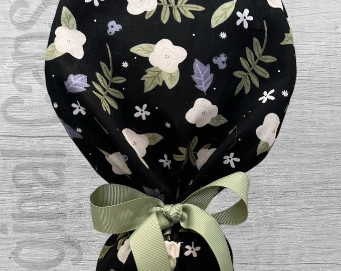 Cream White Flowers on Black  Design Ponytail Scrub Cap for Women, Scrub Hat, Surgical Caps