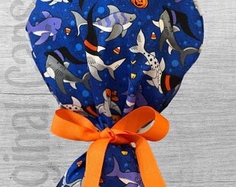 Halloween Sharks on Dark Royal Print Ponytail Scrub Cap for Women, Scrub Hat, Surgical Hat , Surgical Caps