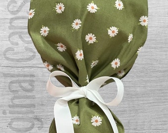 White Daisies on Green Background  Background  Ponytail Scrub Cap for Women, Scrub Hat, Surgical Hat