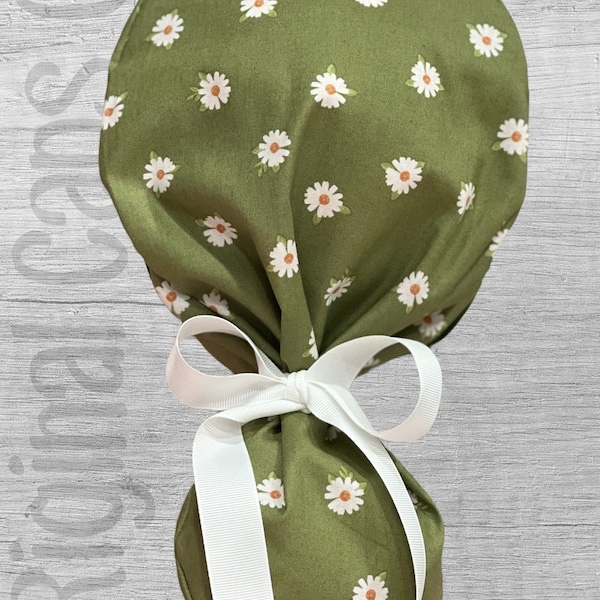 White Daisies on Green Background  Background  Ponytail Scrub Cap for Women, Scrub Hat, Surgical Hat