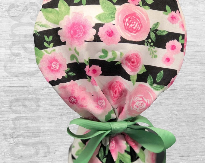 Pink Flowers on Black and White Stripes Ponytail Scrub Cap for Women, Scrub Hat, Surgical Hat "Stella", Surgical Caps