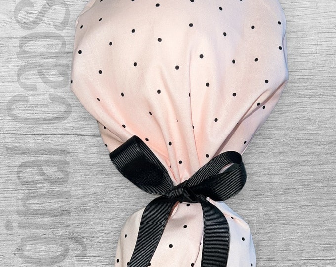 Black Dots on Light Pink Background  Design Ponytail Scrub Cap for Women, Scrub Hat, Surgical Caps