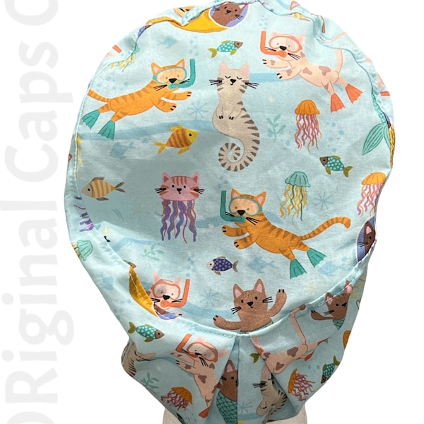 Small Euro Scrub Cap for Women, Sea Cats  Print,  Small Euro Scrub Cap,  Scrub Cap for Women, Surgical Caps, Scrub Caps