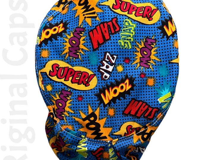 Small Euro Scrub Cap for Women, Superhero Action Words Print,  Small Euro Scrub Cap,  Scrub Cap for Women , Surgical Caps, Scrub Caps