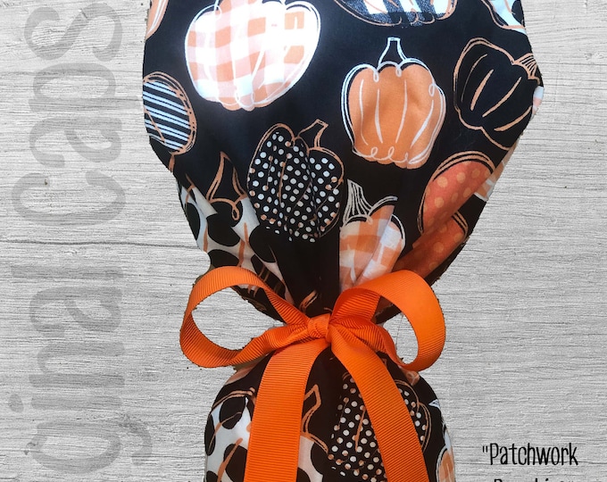 Halloween Pumpkins Ponytail Scrub Cap for Women, Scrub Hat, Surgical Hat "Patchwork Pumpkins", Surgical Caps