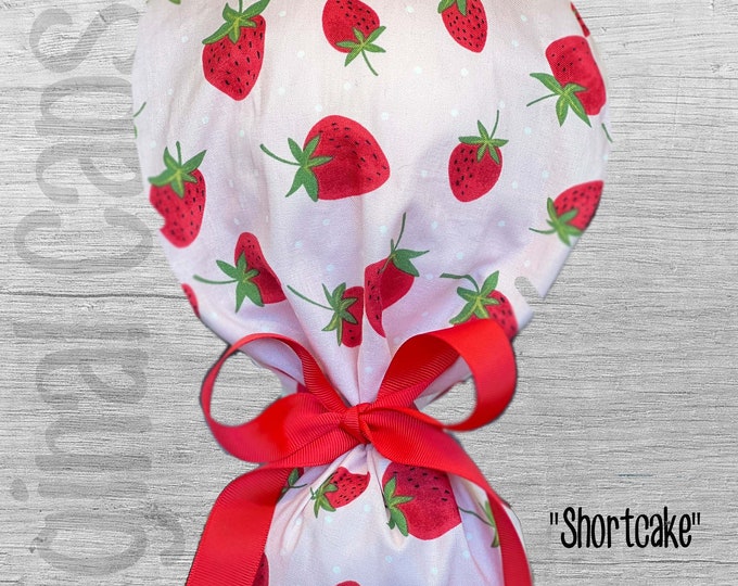 Strawberry Print Ponytail Scrub Cap for Women, Scrub Hat, Surgical Hat "Shortcake", Surgical Caps