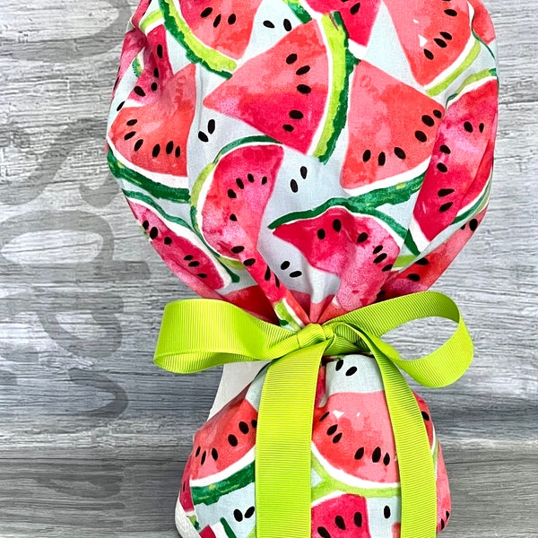 Watermelon Slices on Baby Blue  Print Ponytail Scrub Cap for Women, Scrub Hat, Surgical Hat