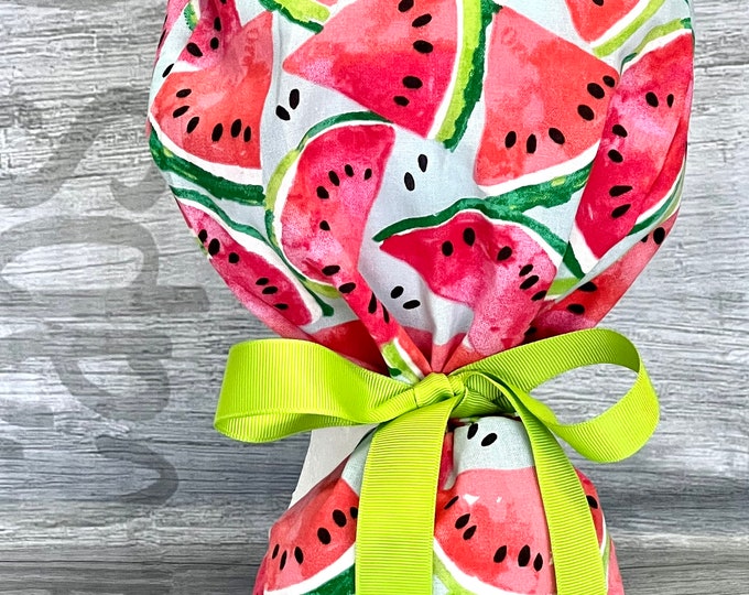 Watermelon Slices on Baby Blue  Print Ponytail Scrub Cap for Women, Scrub Hat, Surgical Hat