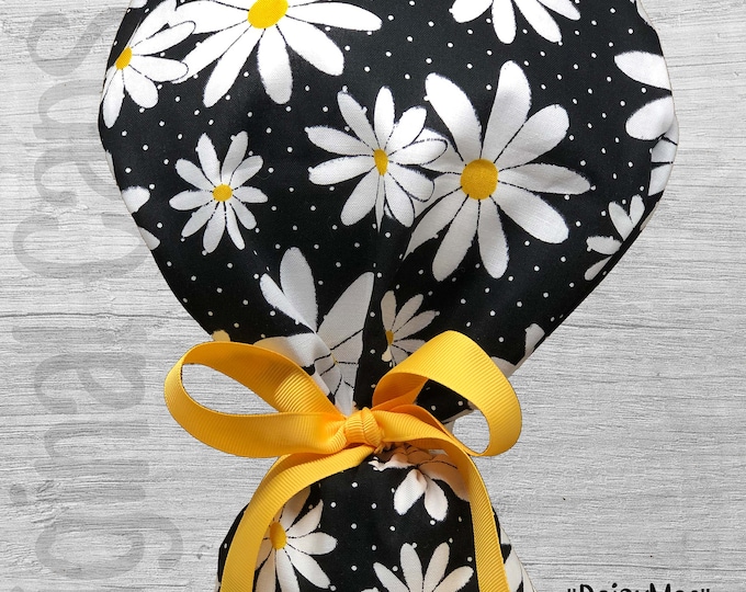 Large Daisies on Black Print Ponytail Scrub Cap for Women, Scrub Hat, Surgical Hat, Scrub Cap "DaisyMae", Surgical Caps