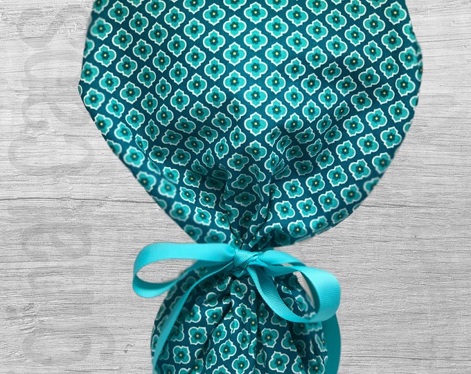 Jade and Teal Boho Print  Ponytail Scrub Cap for Women, Scrub Hat, Surgical Hat "Annie", Surgical Caps