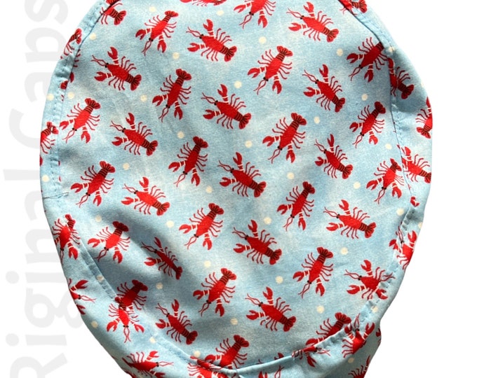 Small Euro Scrub Cap for Women, Mini Lobsters on Blue Print,  Small Euro Scrub Cap, Surgical Cap, Scrub Cap for Women , Surgical Caps