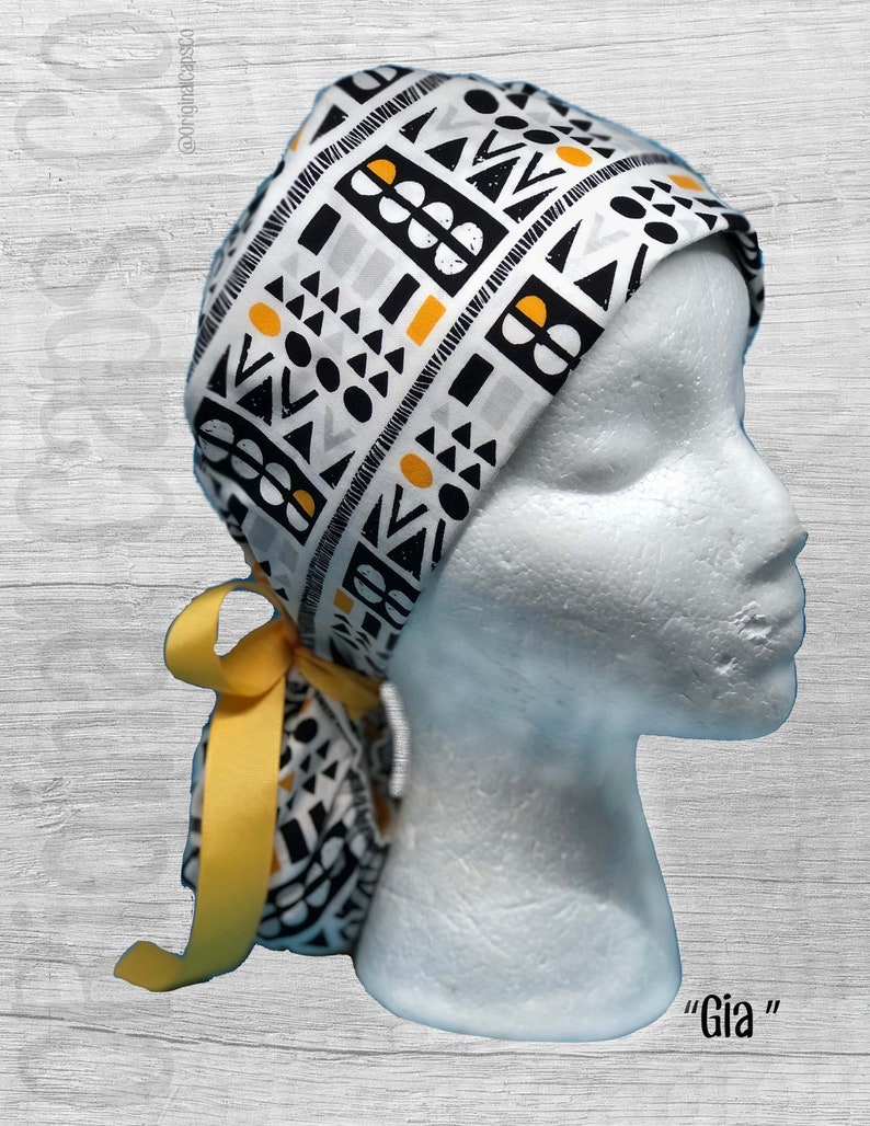 Yellow Grey Tribal Block Design Ponytail Scrub Cap for Women Scrub Hat Surgical Hat Gia Black