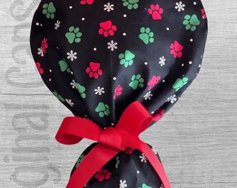 Holiday Paw Prints on Black Print Ponytail Scrub Cap for Women, Scrub Hat, Surgical Hat, Surgical Caps