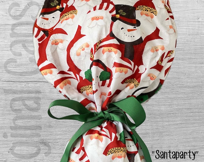 Holiday Leopard Santa and Snowmen Design Ponytail Scrub Cap for Women, Scrub Hat, Surgical Hat "Santa Party", Surgical caps