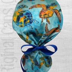 Sea Turtles Design Ponytail Scrub Cap for Women, Scrub Hat, Surgical Hat "Lourdes", Surgical Caps