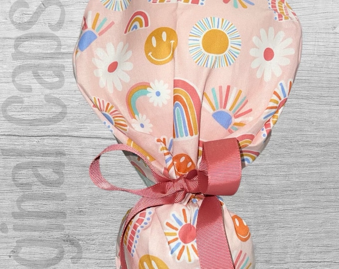 Suns, Rainbows and Flowers on Pink  Design Ponytail Scrub Cap for Women, Scrub Hat, Surgical Caps