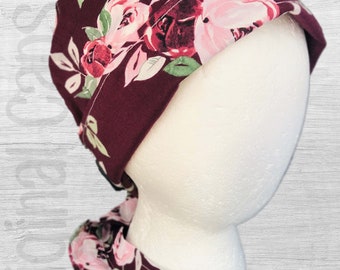 Burgundy Background with Large Roses Design Scrub Cap, Surgical Cap, Scrub Hat, Scrub cap for Women, Pixie Scrub Cap "Mari"