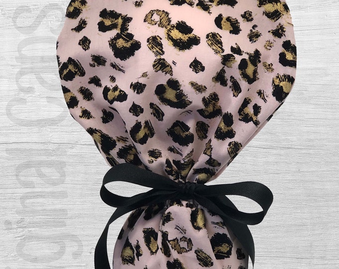 Pink and Gold Leopard Print Ponytail Scrub Cap for Women, Scrub Hat, Surgical Hat "Amber"