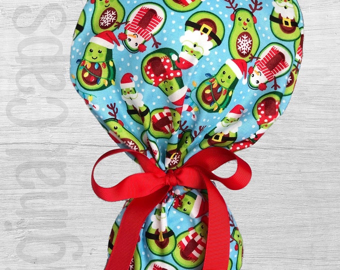 Holiday Avocado  Design Ponytail Scrub Cap for Women, Scrub Hat, Surgical Hat "Merry 3", Surgical caps