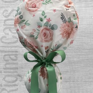 Floral with Soft Pink and Mauve Blooms Ponytail Scrub Cap for Women, Scrub Hat, Surgical Hat
