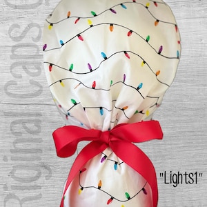 Christmas Lights on White Print Ponytail Scrub Cap for Women, Scrub Hat, Surgical Hat, Surgical Caps