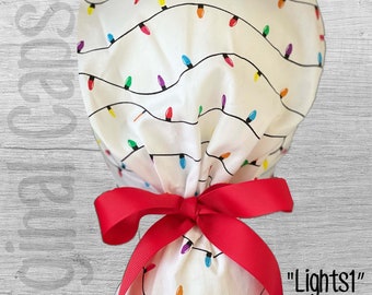 Christmas Lights on White Print Ponytail Scrub Cap for Women, Scrub Hat, Surgical Hat, Surgical Caps