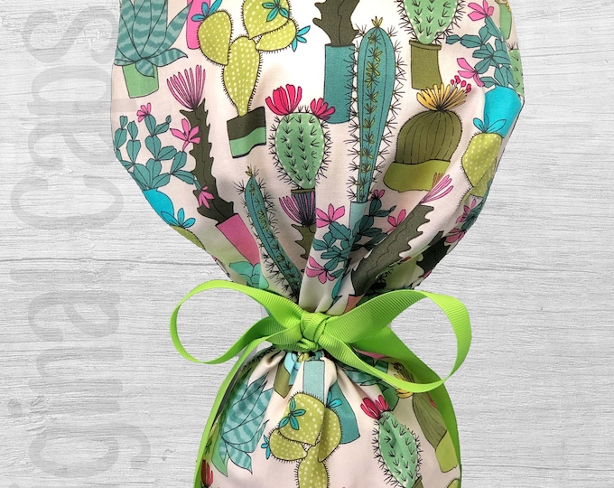 Cactus Print Design Ponytail Scrub Cap for Women, Scrub Hat, Surgical Hat "Mila", Surgical Caps