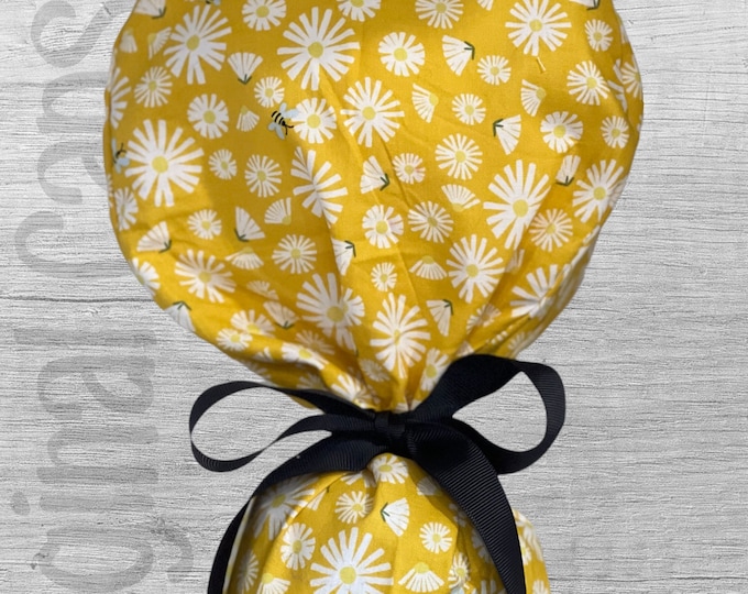 Daisies and Bees on Yellow Background Ponytail Scrub Cap, Ponytail Scrub Hat, Surgical Caps, Scrub Hats, Surgical Caps