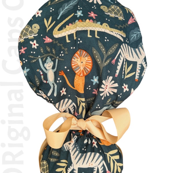 Zoo Animals Print Ponytail Scrub Cap for Women, Scrub Hat, Surgical Hat