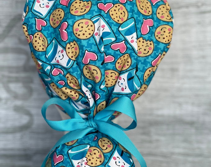 Milk and Cookies Print Ponytail Scrub Cap for Women, Scrub Hat, Surgical Hat