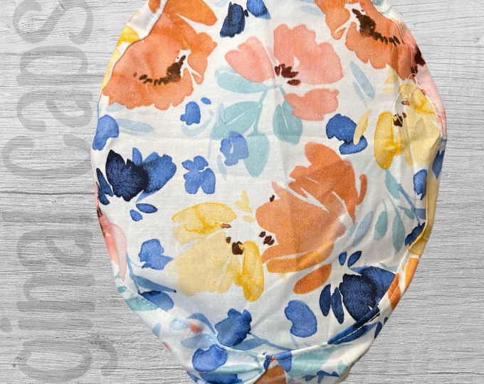 Small Euro Scrub Cap for Women, Coral, Yellow, Blue Floral Design, Small Euro Scrub Cap, Surgical Cap, Scrub Cap for Women , Surgical Caps