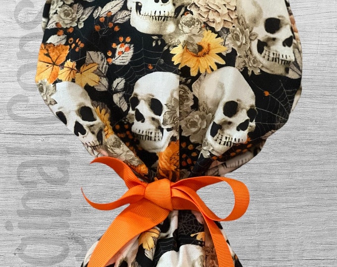 Skulls and Fall Floral Print Ponytail Scrub Cap for Women, Scrub Hat, Surgical Hat , Surgical Caps
